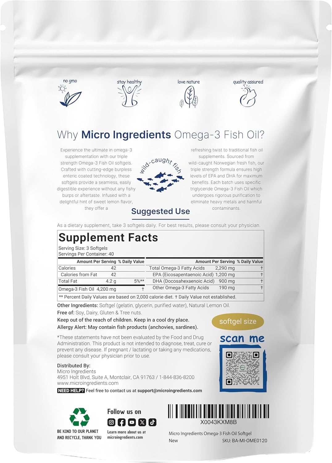 FISH OIL OMEGA 3 4,200 MG EPA 1,200 MG DHA 900 MG MICROINGREDIENTS 120 CAPSULAS BLANDAS NO GMO