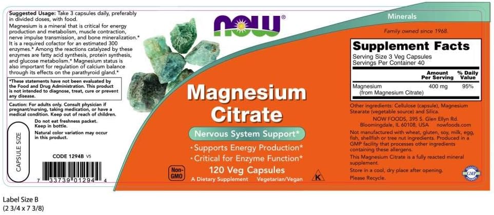 CITRATO DE MAGNESIO NOW 400 MG 120 CÁPSULAS VEGETALES NO GMO