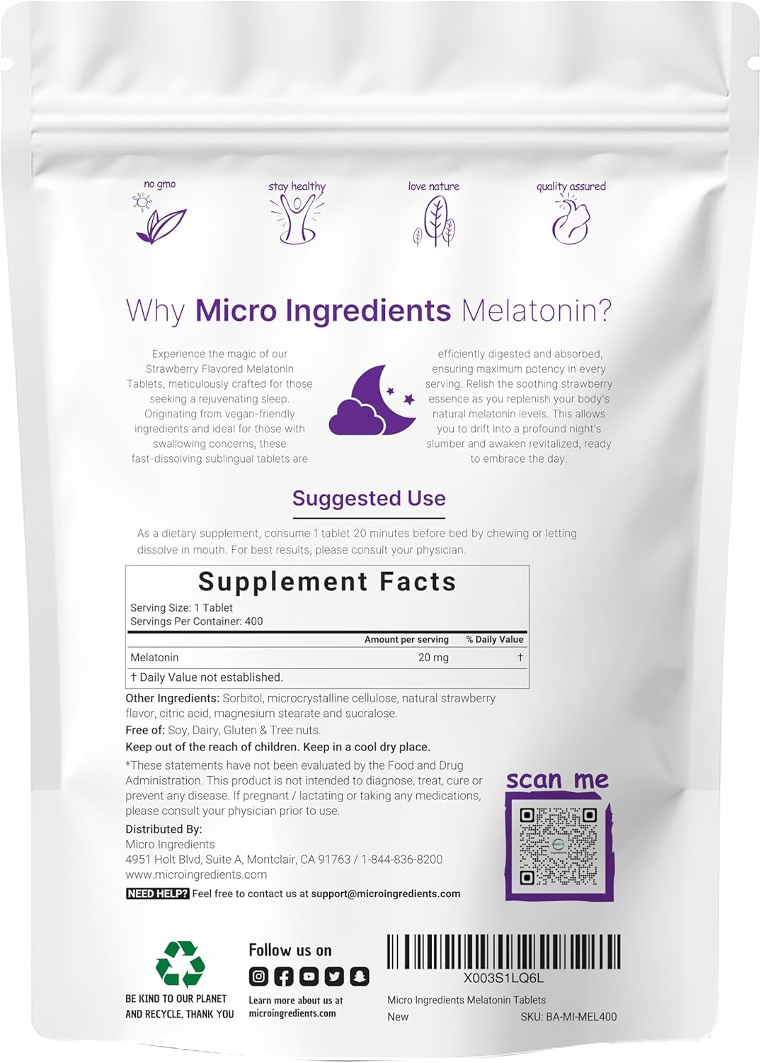 MELATONINA MICROINGREDIENTS 20 MG 400 TABLETAS SUBLINGUALES SIN GMO