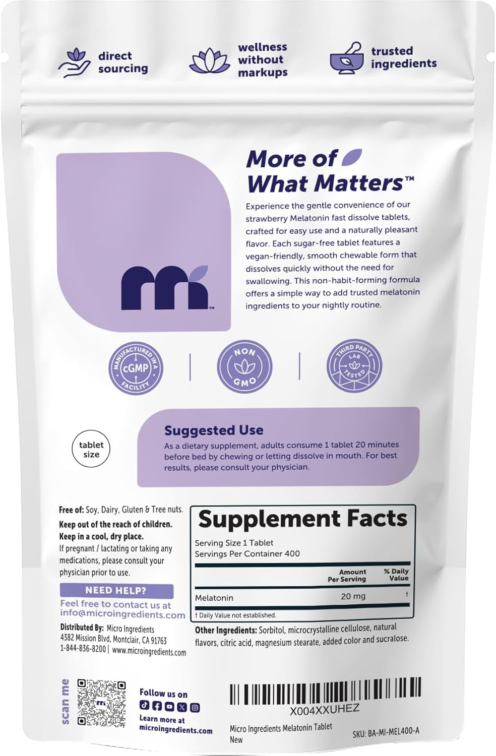 MELATONINA MICROINGREDIENTS 20 MG 400 TABLETAS SUBLINGUALES SIN GMO
