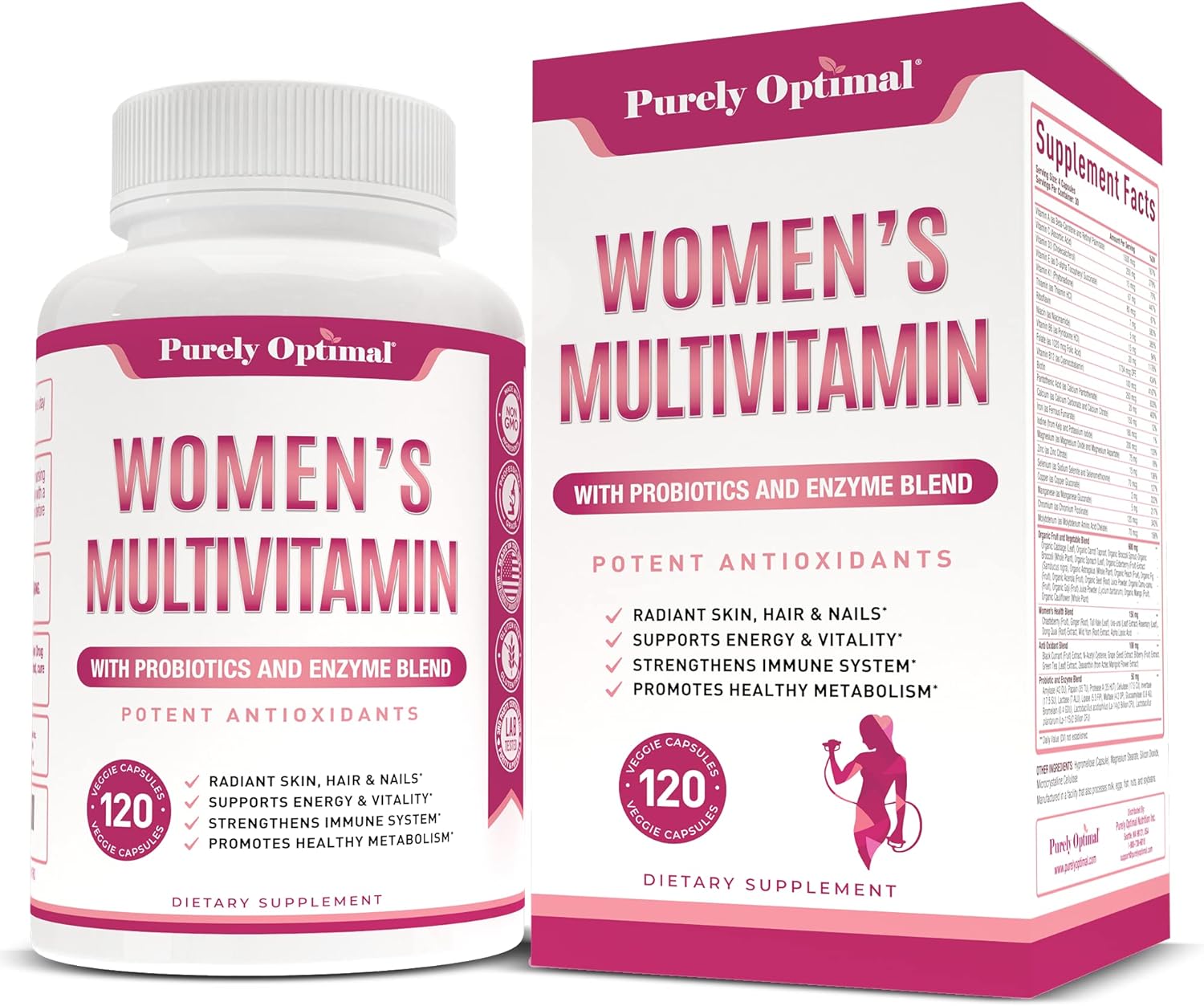 MULTIVITAMINAS PARA MUJERES CON PROBIÓTICOS Y ENZIMAS 4,059 MCG 120 CÁPSULAS NO GMO PURELY OPTIMAL