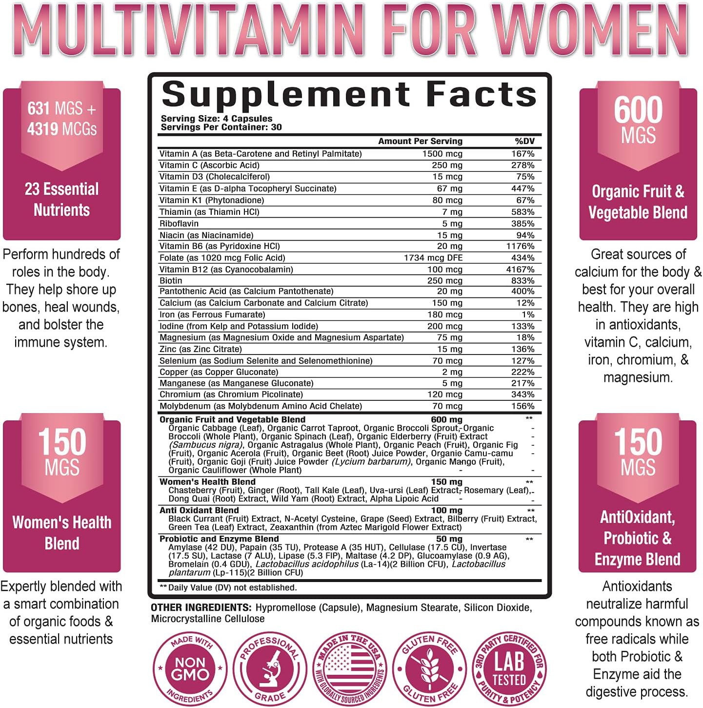 MULTIVITAMINAS PARA MUJERES CON PROBIÓTICOS Y ENZIMAS 4,059 MCG 120 CÁPSULAS NO GMO PURELY OPTIMAL