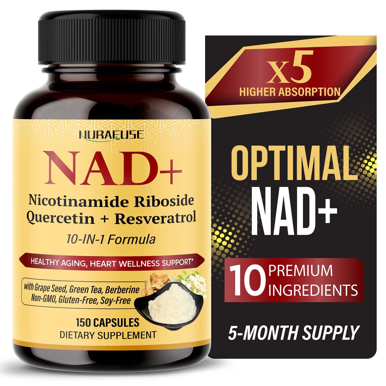 NAD NICOTINAMIDA RIBOSIDE + QUERCETIN+ RESVERATROL 10 EN 1  505 MG 150 CAPSULAS NO GMO NURAFUSE