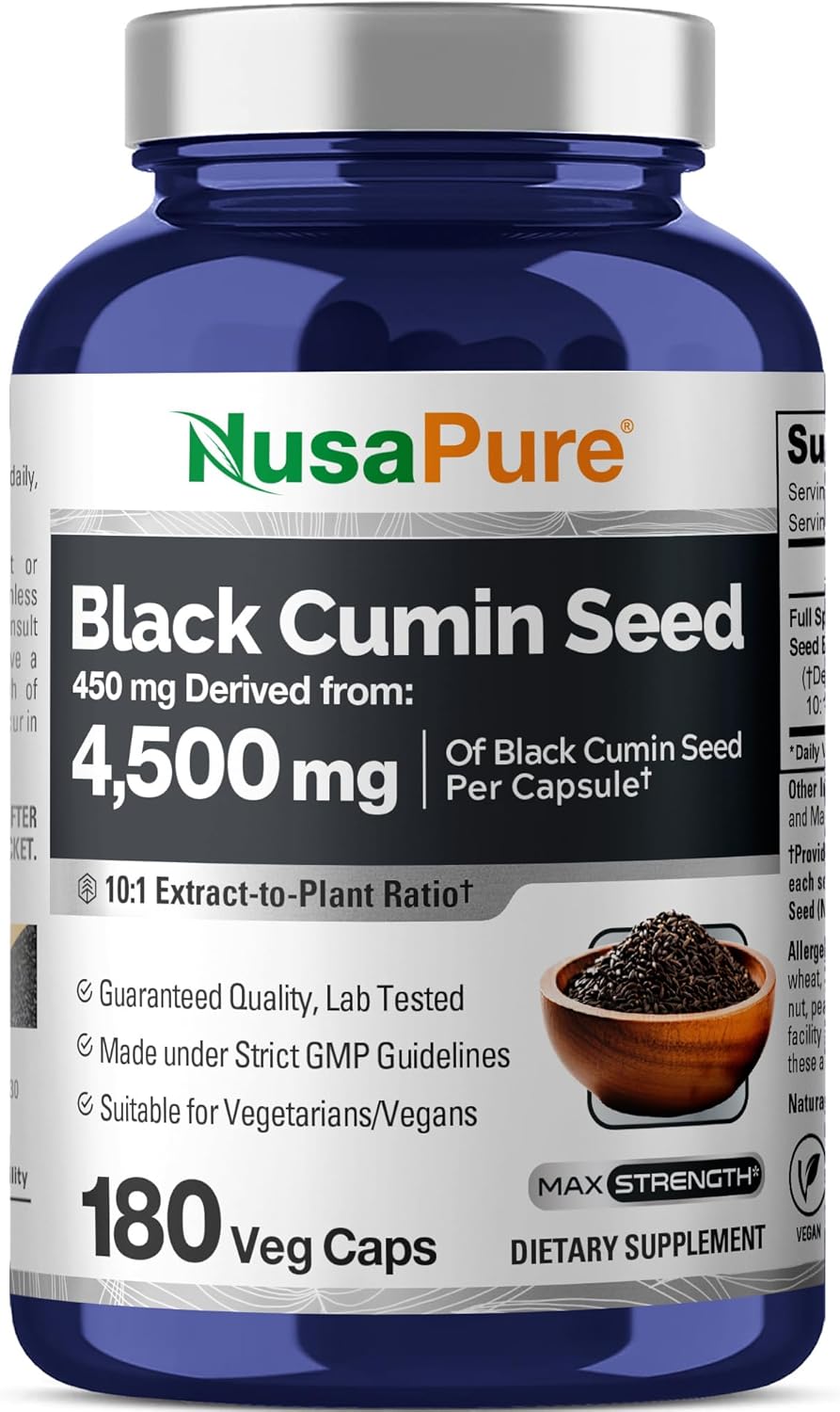 OIL ACEITE DE COMINO NEGRO NUSAPURE 4500 MG 180 CAPSULAS BLANDAS SIN GMO BLACK CUMIN SEED