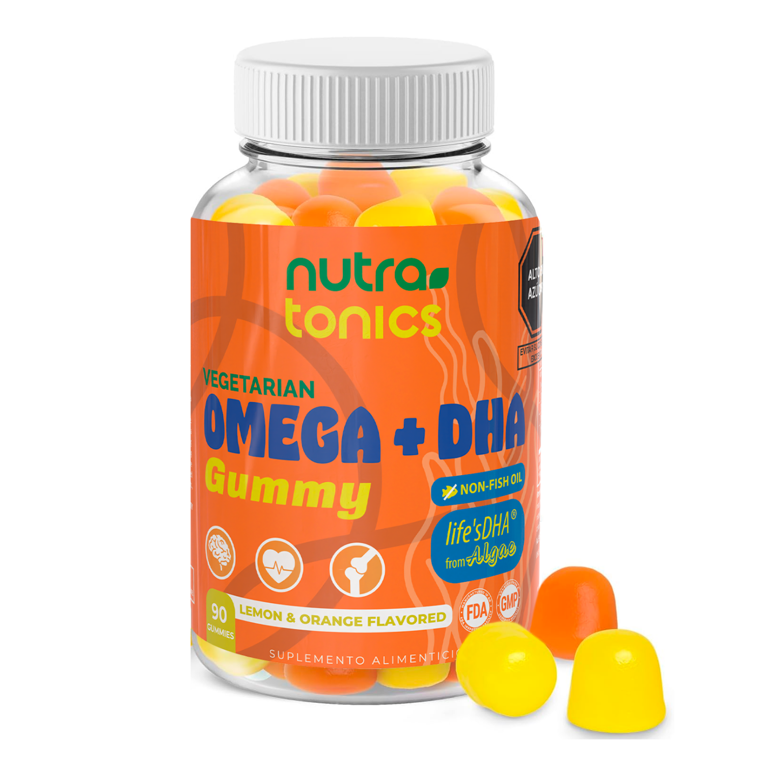 OMEGA + DHA VEGANO 90 GOMITAS NUTRATONICS – SIN ACEITE DE PESCADO, NO GMO, SABOR A LIMÓN Y NARANJA MADE IN USA