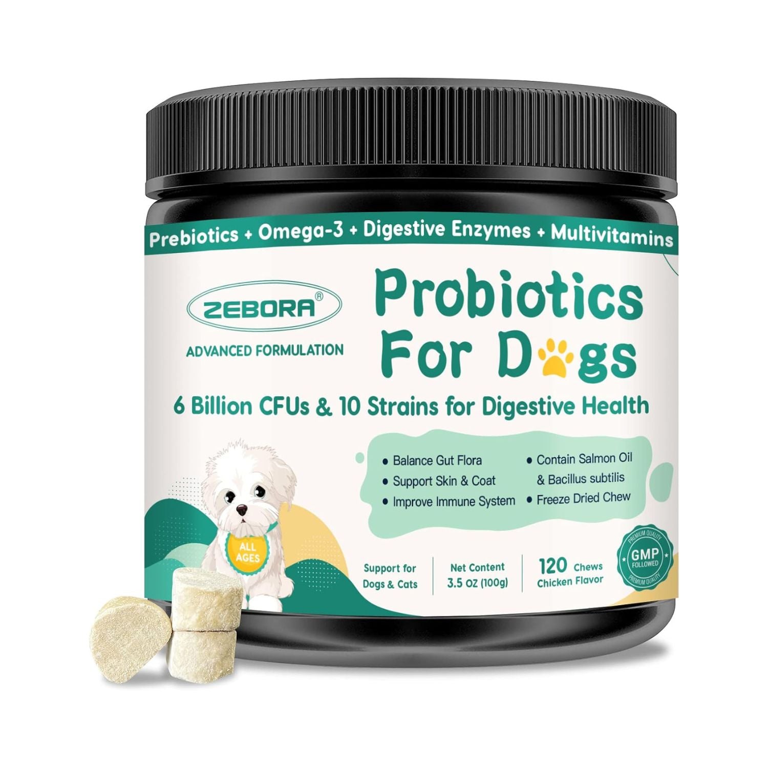 PROBIOTICOS PARA PERROS COMPLEX 6 BILLONES CFU 10 CEPAS 120 MASTICABLES ZEBORA