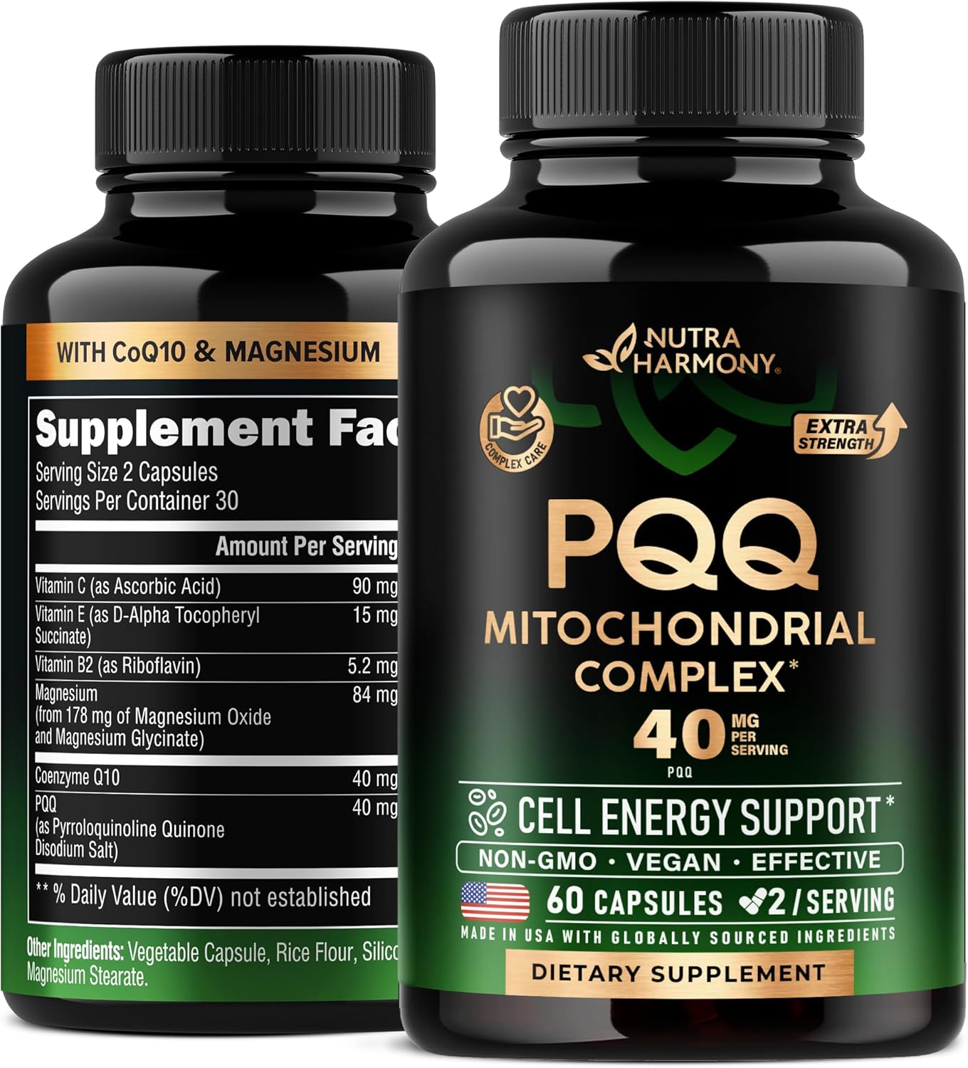 PQQ CON COQ 10 PIRROLOQUINOLINA 40 MG MITOCONDRIA COMPLEX NUTRA HARMONY 60 CAPSULAS NO GMO VEGANO