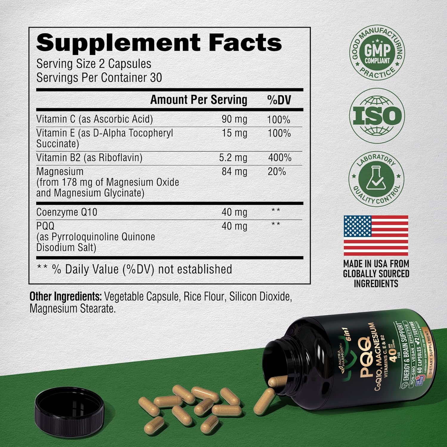 PQQ CON COQ 10 PIRROLOQUINOLINA 40 MG MITOCONDRIA COMPLEX NUTRA HARMONY 60 CAPSULAS NO GMO VEGANO