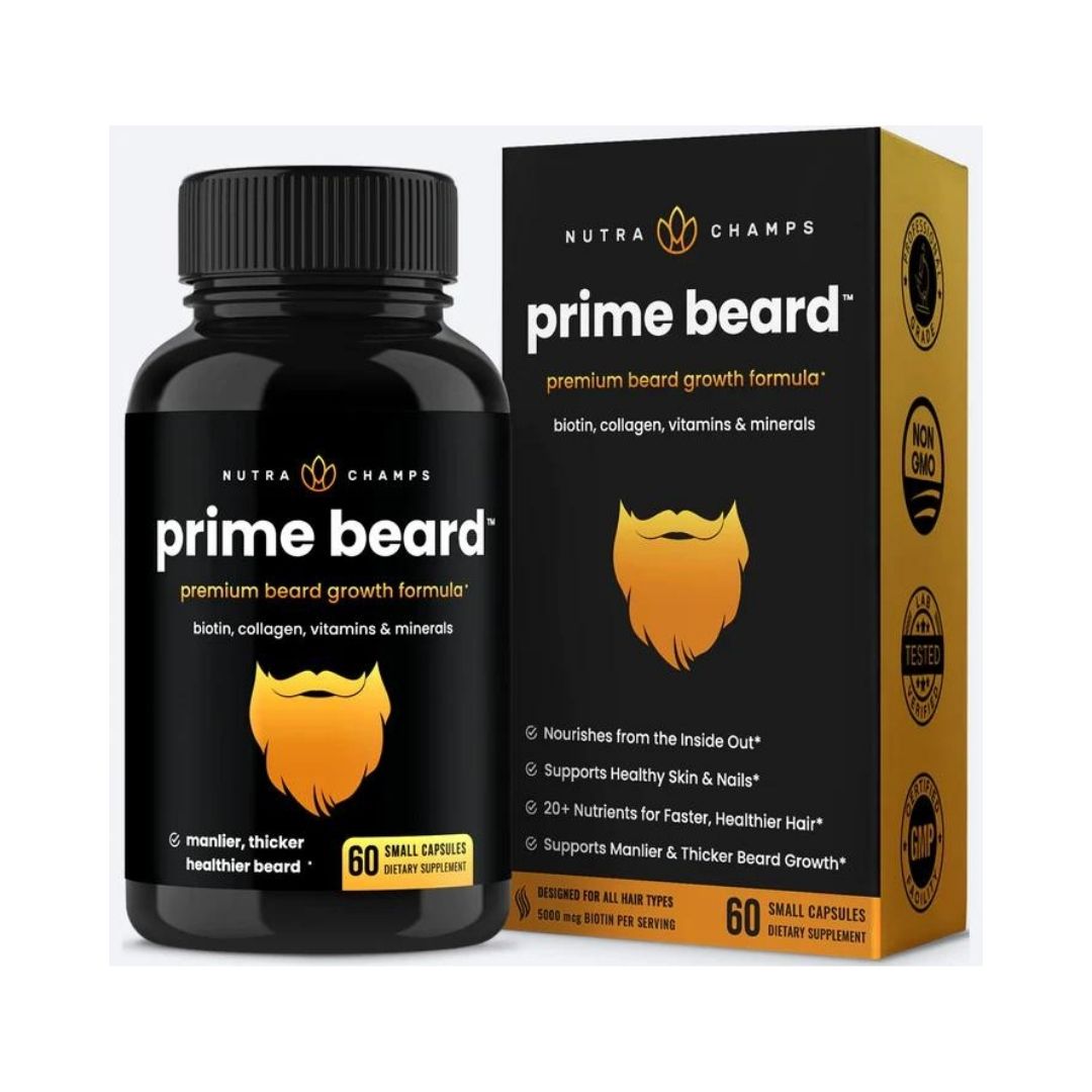 PRIME BEARD 5,000 MCG CON VITAMINA A Y FOLATE 60 CAPSULAS SIN GMO NUTRACHAMPS