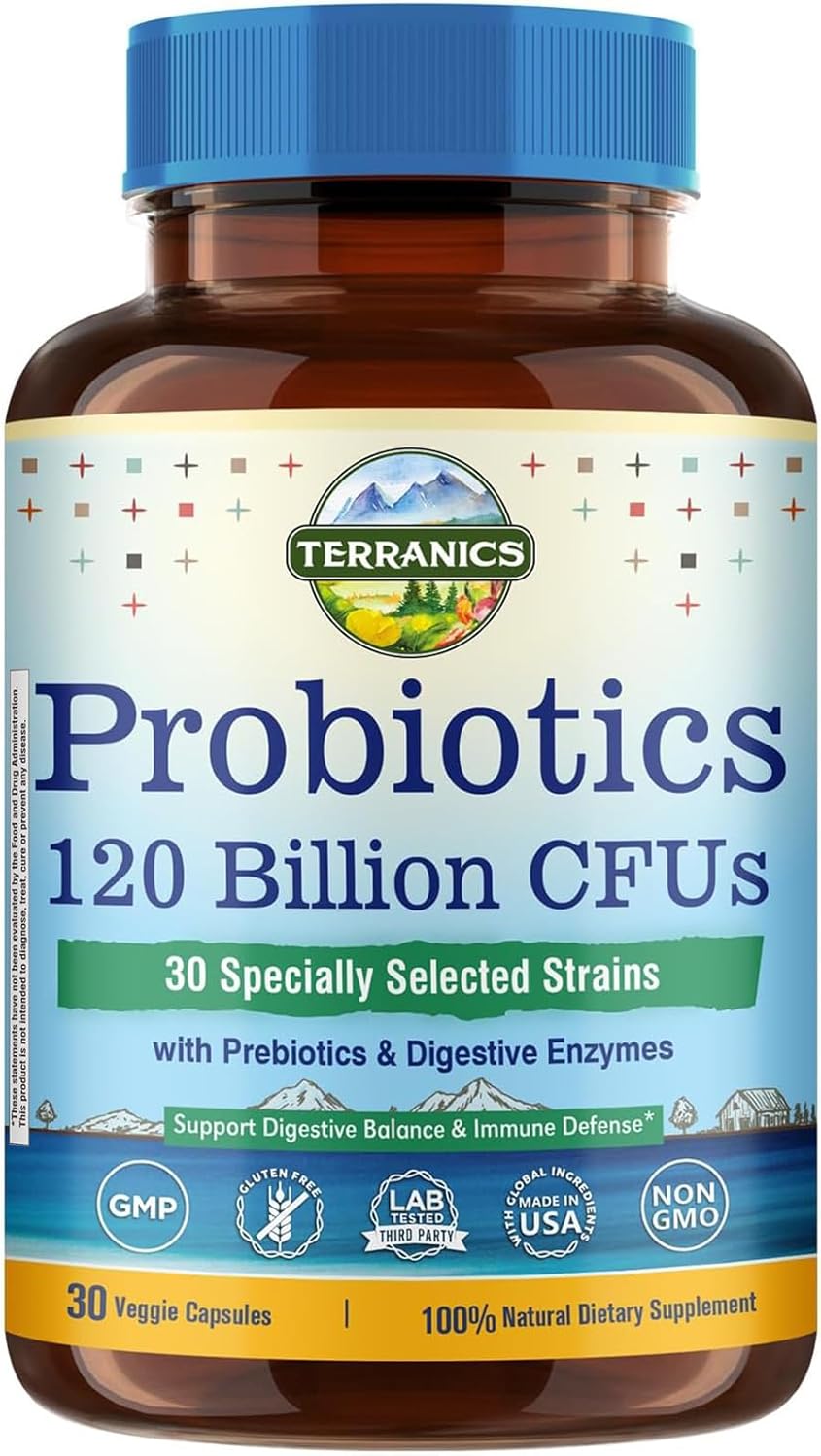 PROBIOTICO CON  PREBIOTICOS Y ENZYMAS 120 BILLONES CFU 30 CEPAS 30 CAPSULAS SIN GMO TERRANICS