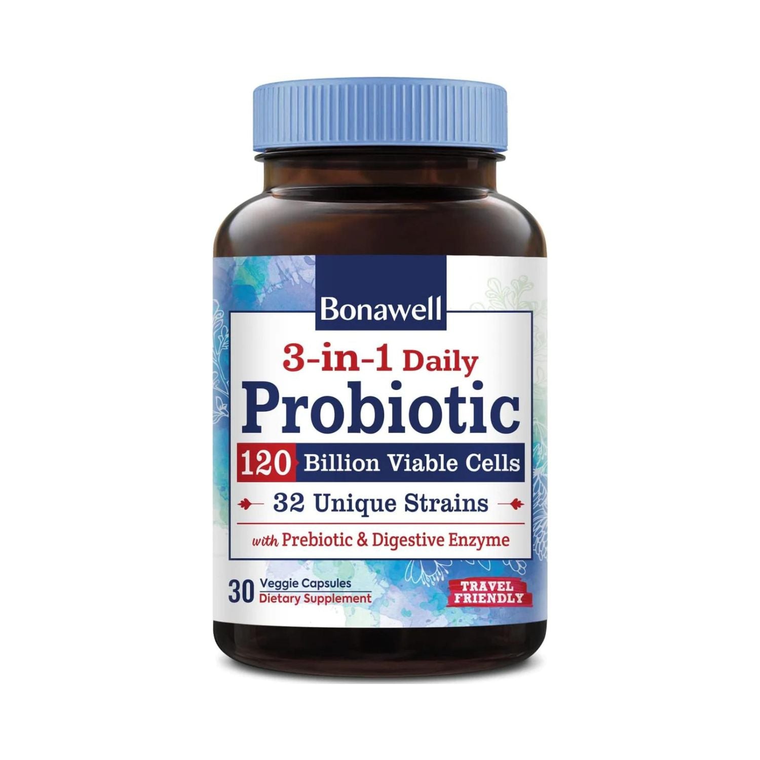 PROBIOTICO CON  PREBIOTICOS Y  ENZYMAS 120 BILLONES CFU 32 CEPAS 30 CAPSULAS SIN GMO VEGANO BONAWELL