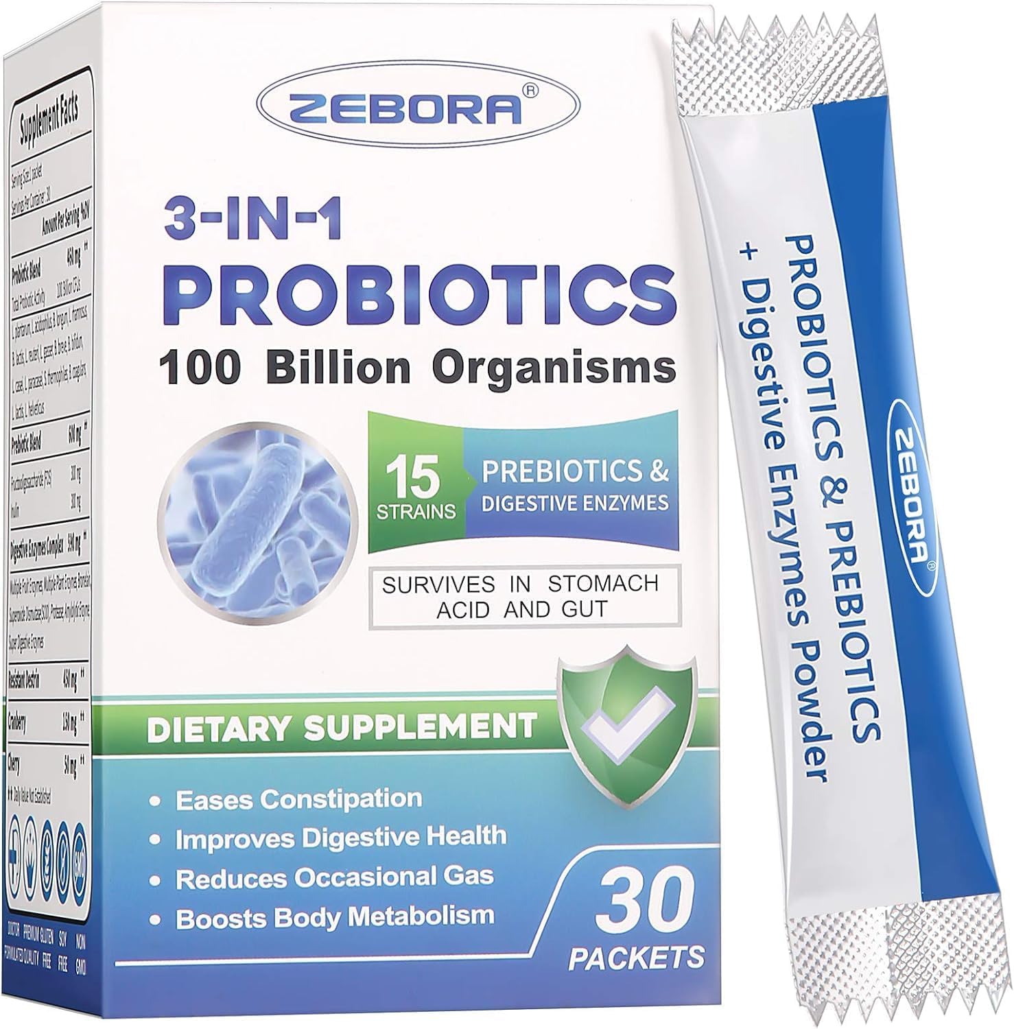 PROBIOTICOS CON ENZIMAS DIGESTIVAS EN POLVO 3 EN 1  15 CEPAS 100 BILLIONES CFU 30 SOBRES VEGANO SIN GMO ZEBORA