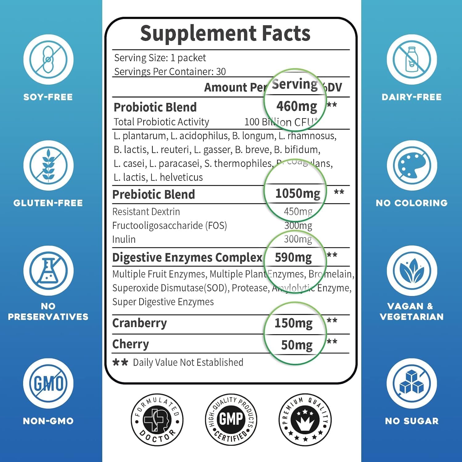 PROBIOTICOS CON ENZIMAS DIGESTIVAS EN POLVO 3 EN 1  15 CEPAS 100 BILLIONES CFU 30 SOBRES VEGANO SIN GMO ZEBORA