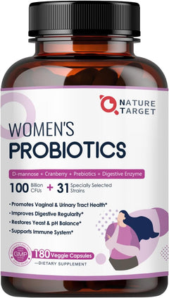 PROBIOTICOS CON ENZIMAS DIGESTIVAS Y COMPLEJO URINARIO PARA MUJERES  31 CEPAS 100 BILLONES CFU 180 CAPSULAS VEGETALES SIN GMO NATURE TARGET