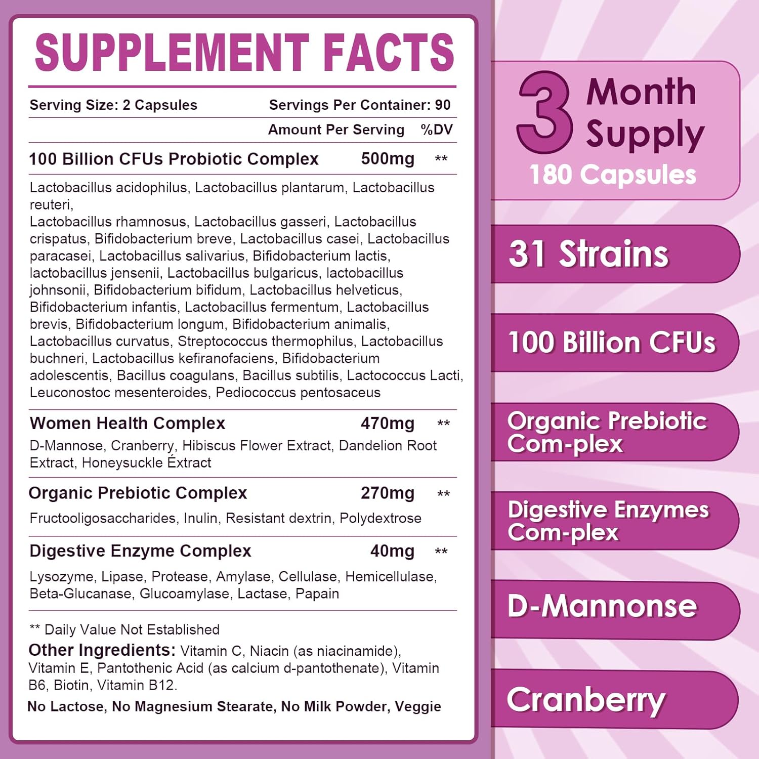 PROBIOTICOS CON ENZIMAS DIGESTIVAS Y COMPLEJO URINARIO PARA MUJERES  31 CEPAS 100 BILLONES CFU 180 CAPSULAS VEGETALES SIN GMO NATURE TARGET