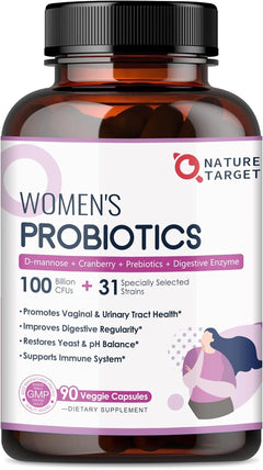 PROBIOTICOS CON ENZIMAS DIGESTIVAS Y COMPLEJO URINARIO PARA MUJERES  31 CEPAS 100 BILLONES CFU 90 CAPSULAS VEGETALES SIN GMO NATURE TARGET