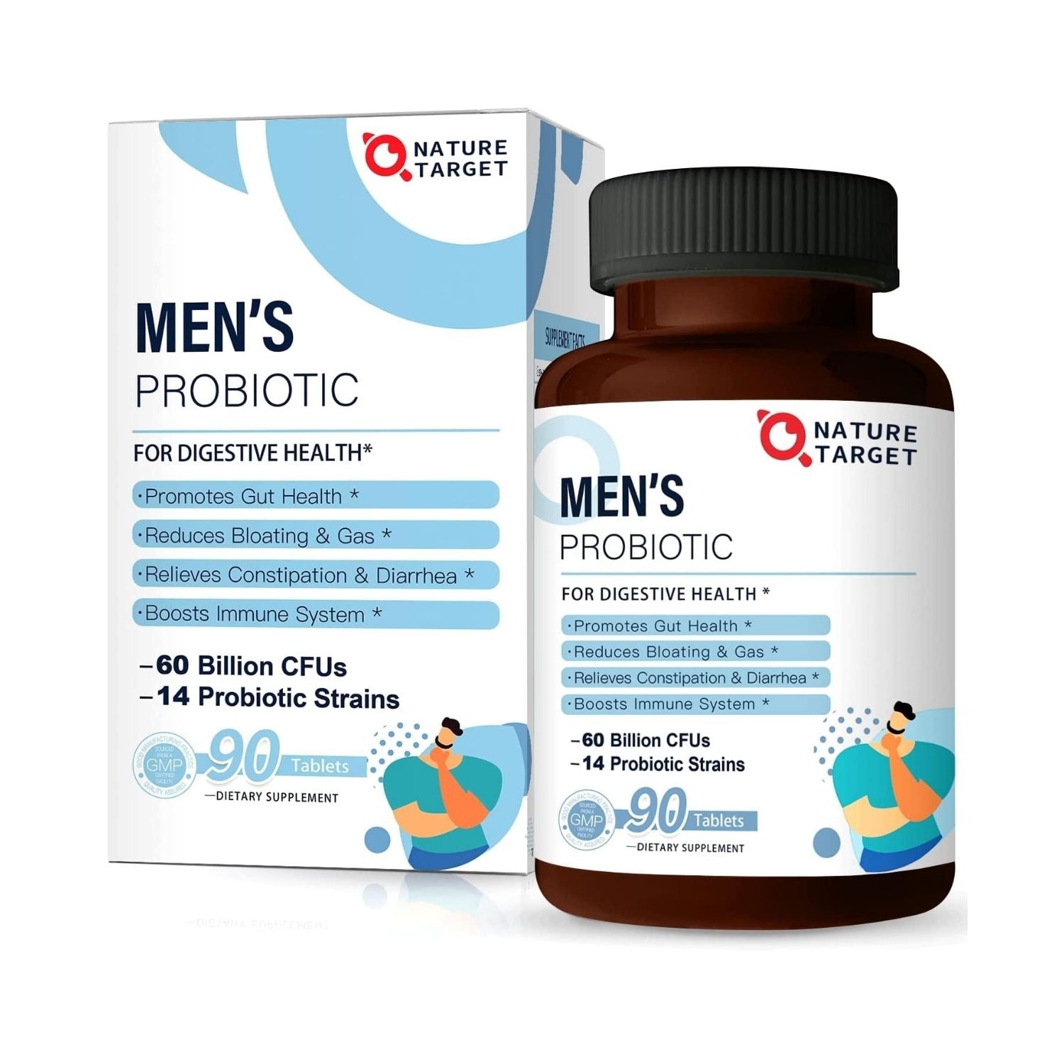 PROBIOTICOS PARA HOMBRES 14 CEPAS 60 BILLONES CFU 90 TABLETAS SIN GMO NATURE TARGET