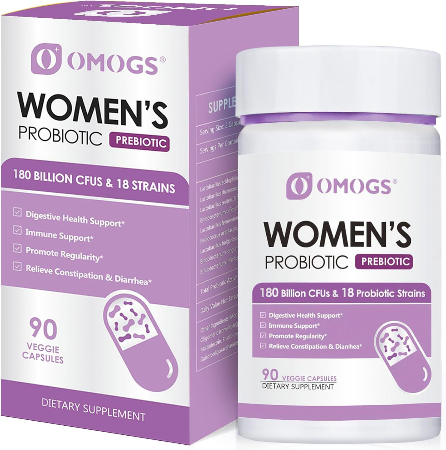 PROBIOTICOS + PREBIOTICOS PARA MUJERES 180 BILLONES CFU 18 CEPAS 90 CAPSULAS NO GMO VEGANO OMOGS