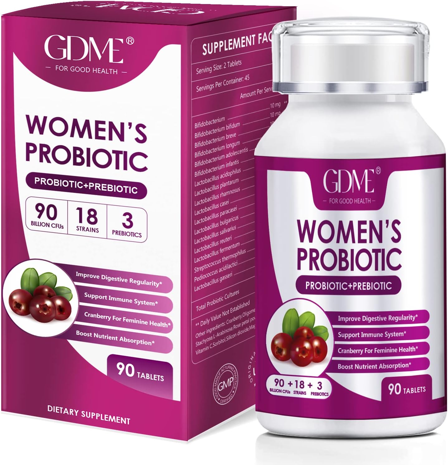 PROBIOTICOS + PREBIOTICOS PARA MUJERES 90 BILLONES CFU 18 CEPAS 90 TABLETAS NO GMO VEGANO GDME