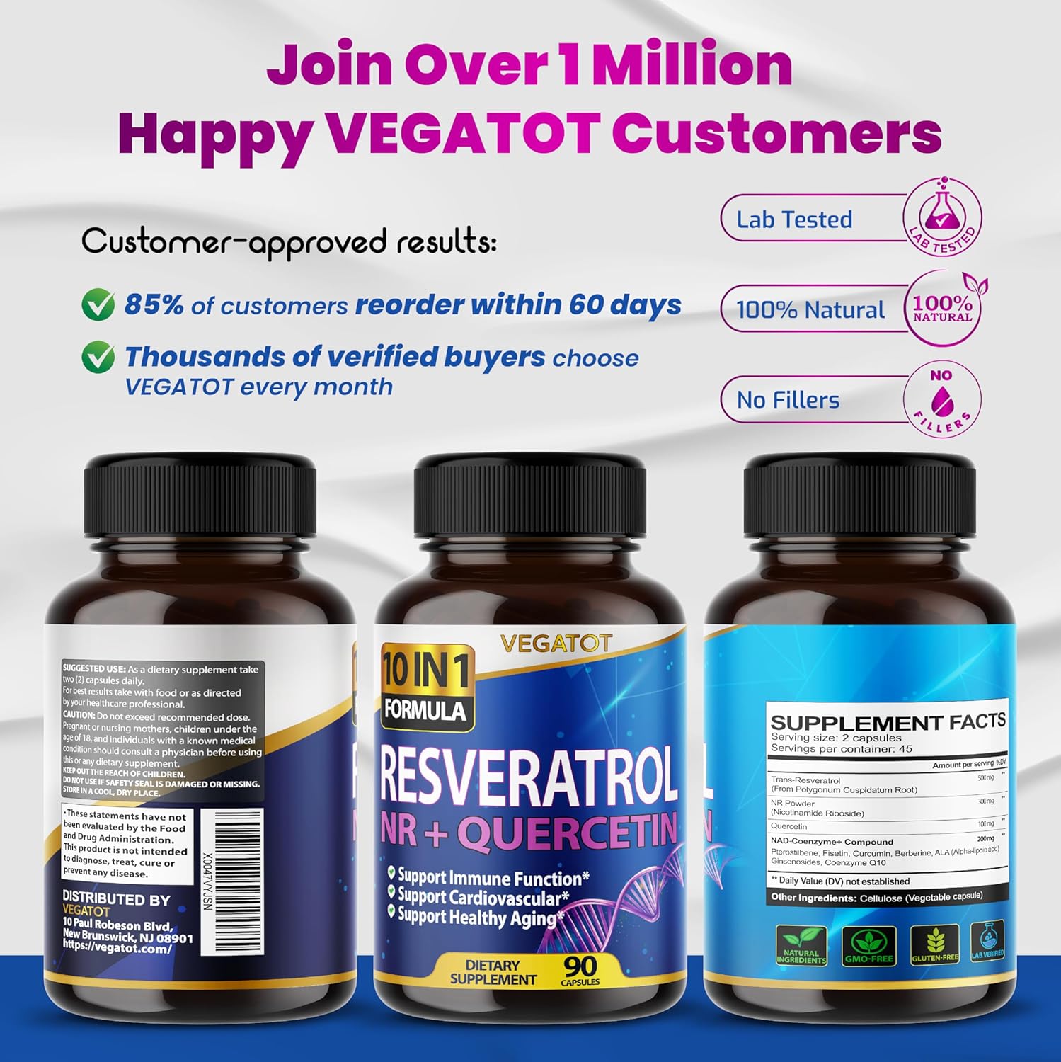 RESVERATROL CON NICOTINAMIDA Y QUERCETINA  11500 MG 90 CAPSULAS SIN GMO VEGATOT
