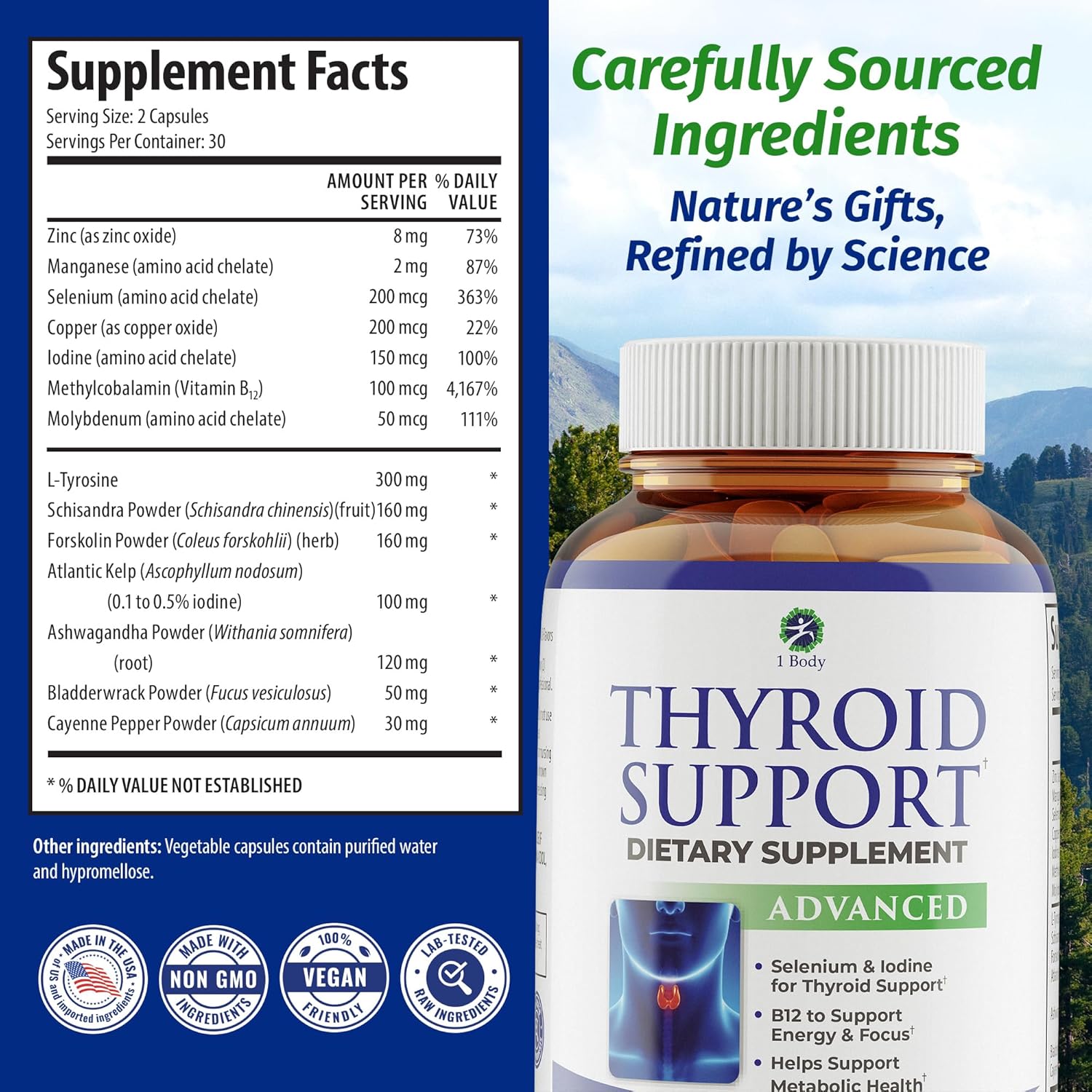 SOPORTE PARA TIROIDES  930 MG CON TIROSINA 300 MG 60 CAPSULAS VEGANO SIN GMO IBODY THYROID SUPPORT WITH TYROSINE