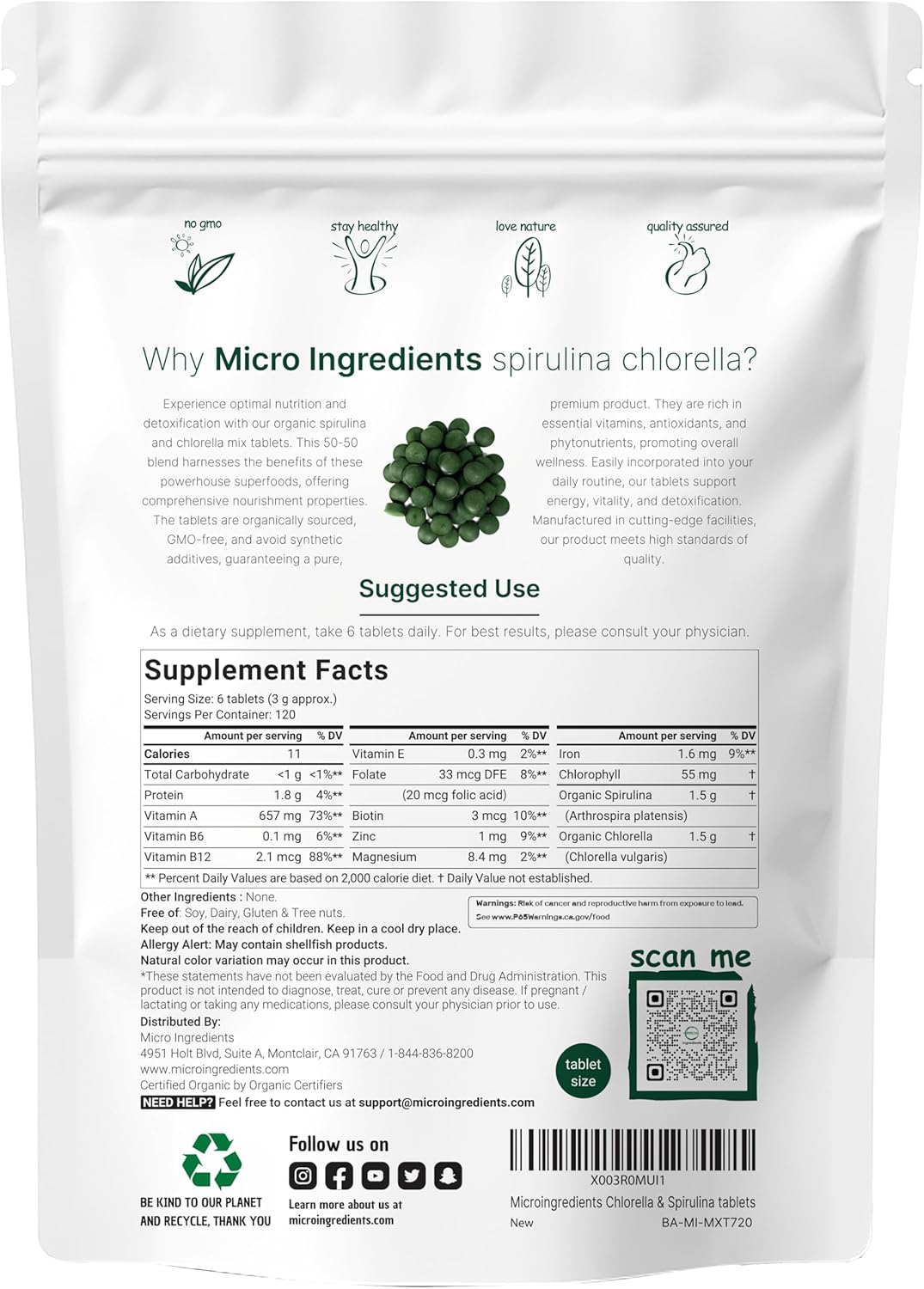 SPIRULINA ESPIRULINA CLORELLA  3,000 MG 720 TABLETAS MICROINGREDIENTS