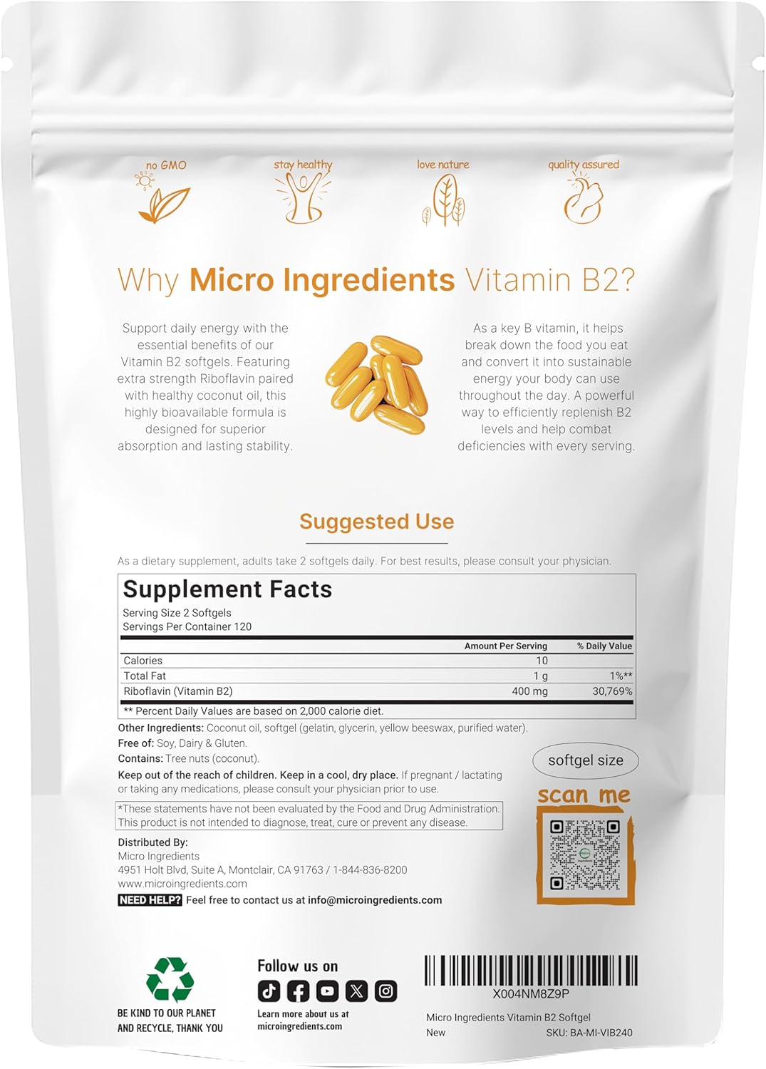 VITAMINA B2 Riboflavina 400 MG MICROINGREDIENTS 240 TABLETAS SIN GMO