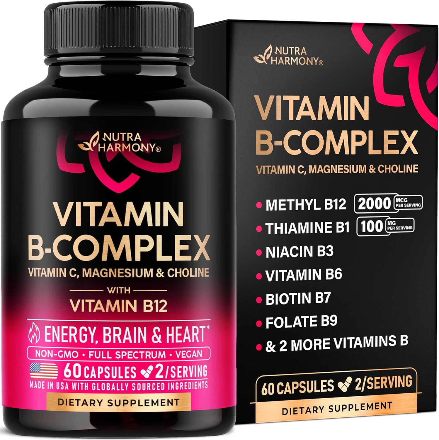 VITAMINA B COMPLEX 8 EN 1 2,000 MCG 60 CAPSULAS NO GMO NUTRA HARMONY