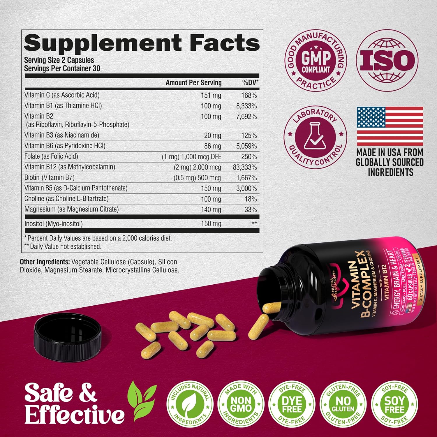 VITAMINA B COMPLEX 8 EN 1 2,000 MCG 60 CAPSULAS NO GMO NUTRA HARMONY