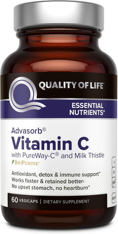 VITAMINA C 500 MG + MILSK THISTLE 600 MG QUALITY OF LIFE 60 CAPSULAS NO GMO VEGANO