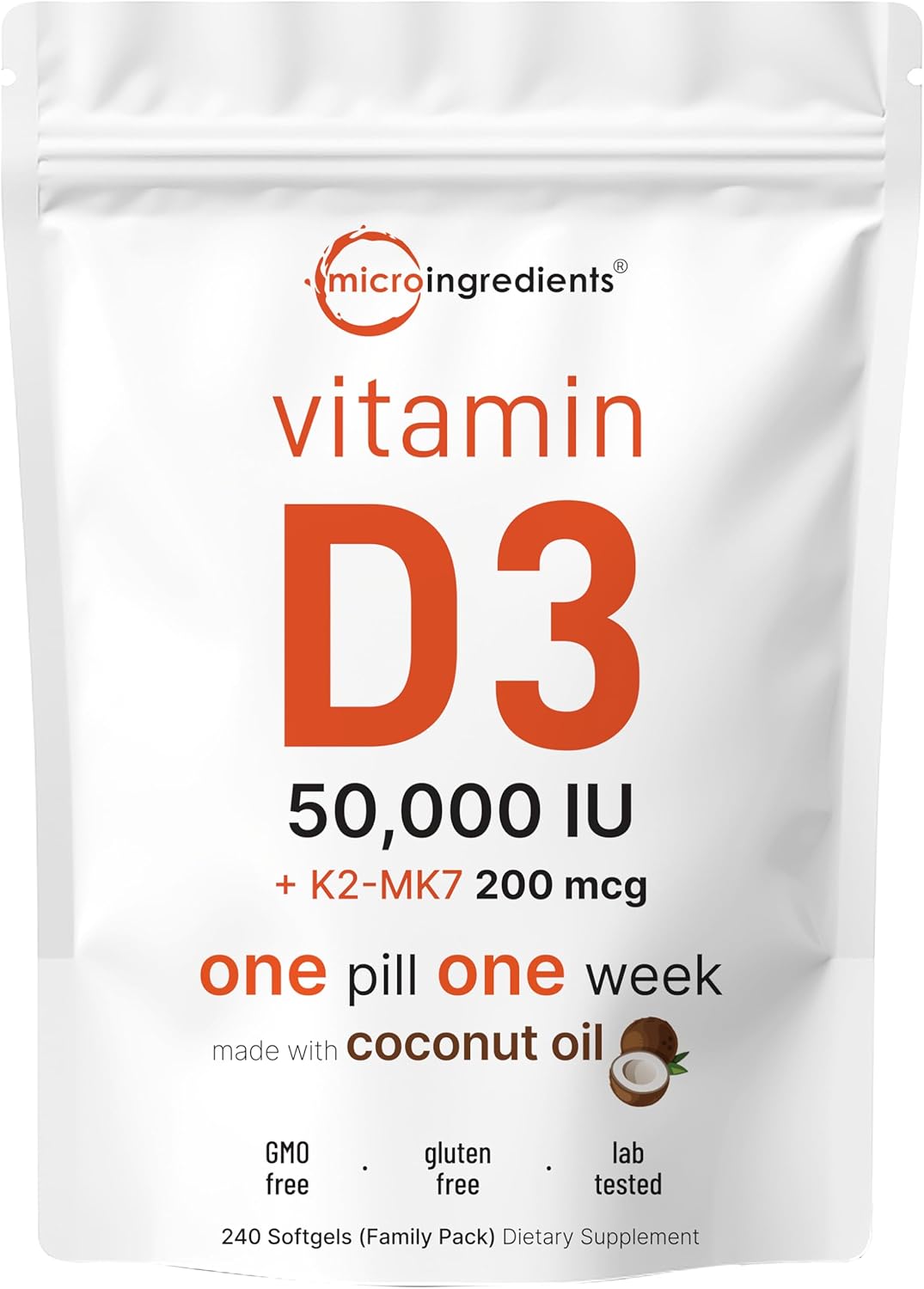 VITAMINA D3 K2 MICROINGREDIENTS 50,000 IU 200 MCG 240 CAPSULAS BLANDAS