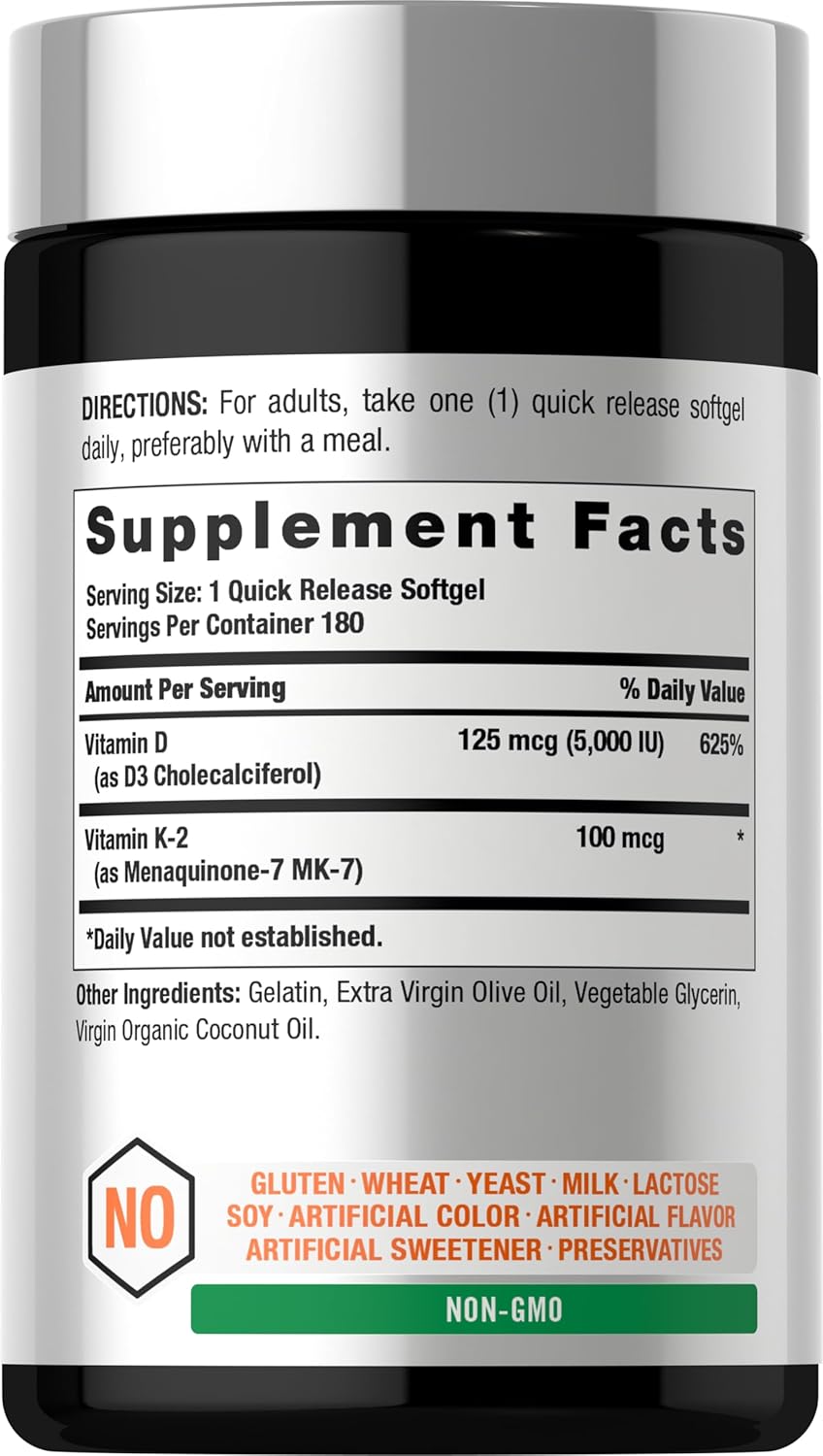 VITAMINA D3 K2 MK7 5000IU 100 MCG 180 CAPSULAS BLANDAS SIN GMO HORBAACH