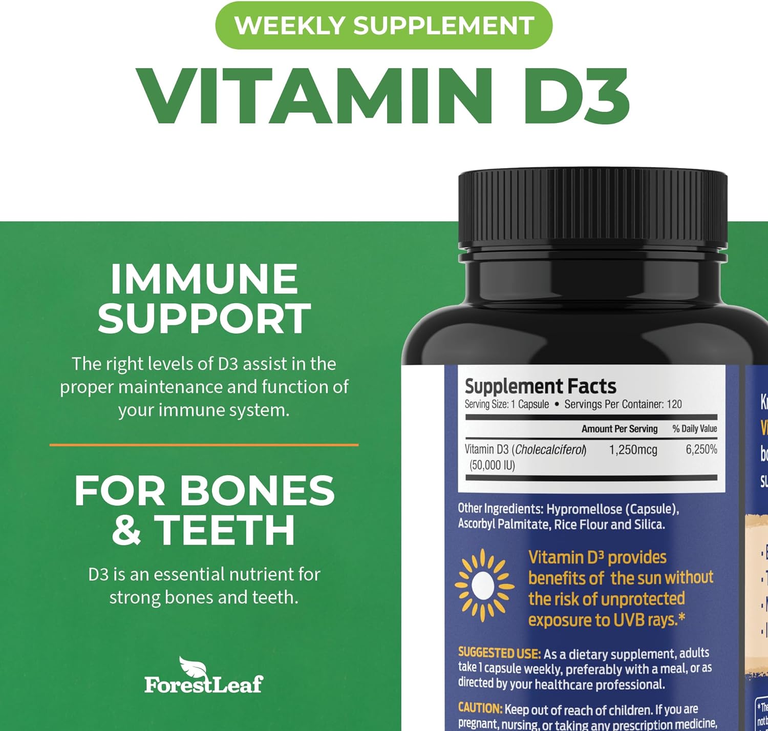 VITAMINA D3 50,000 IU 120 CAPSULAS VEGETALES FORESTLEAF