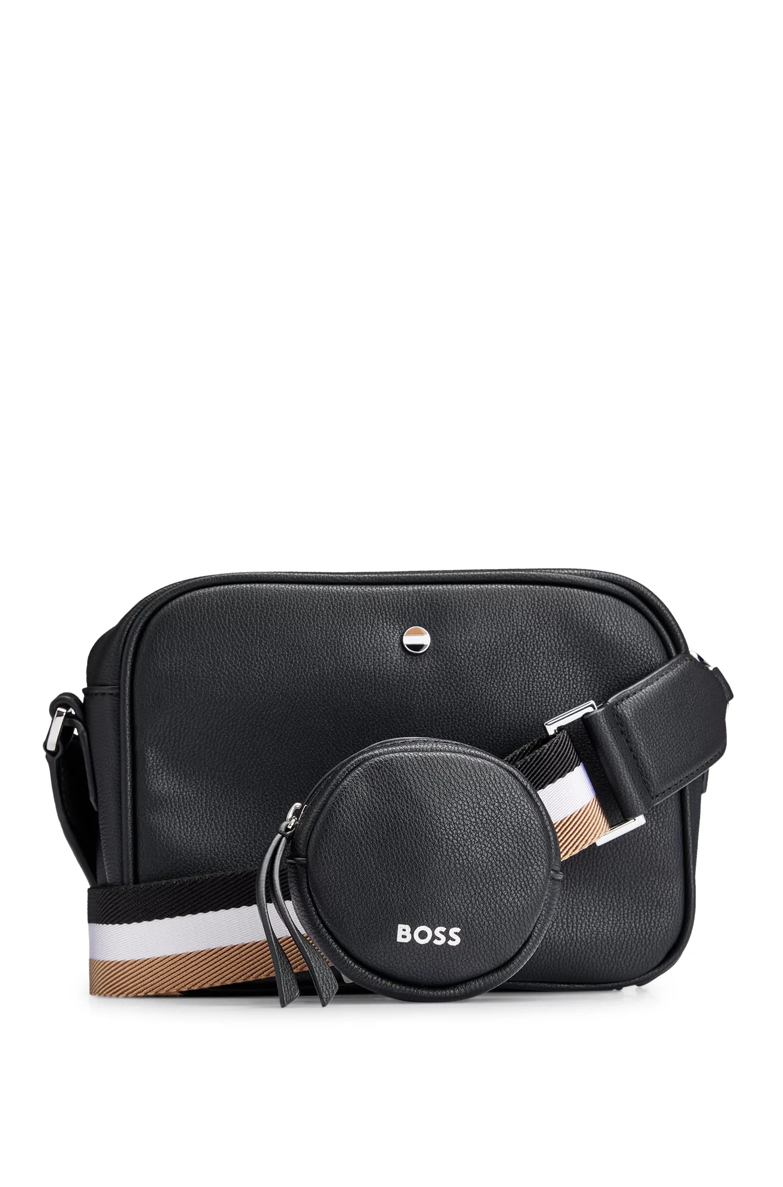 Grained Faux Leather Crossbody Bag with Outline Logo