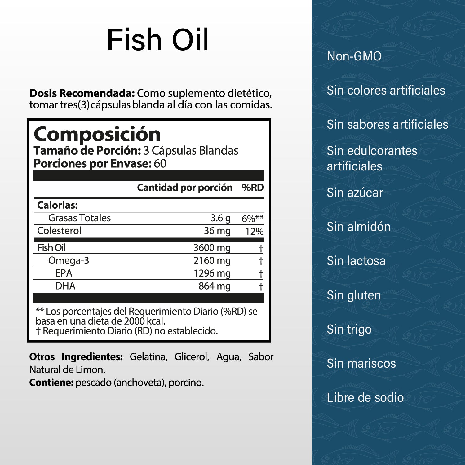 OMEGA 3 FISH OIL 3600MG NUTRATONICS 1296MG EPA + 864MG DHA 180 CAPSULAS BLANDAS SIN GLUTEN, NO GMO SABOR A LIMON