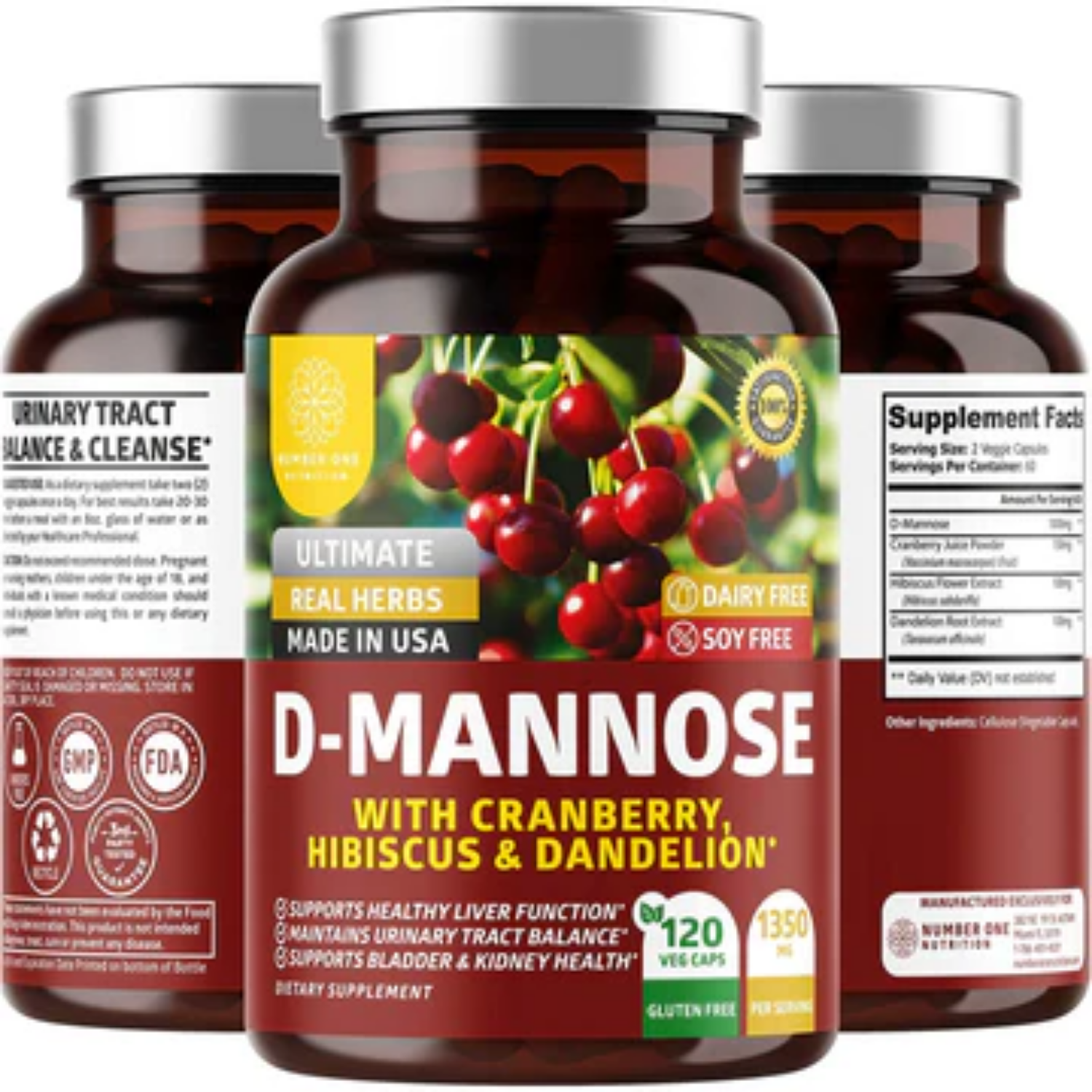 D MANOSA CON ARÁNDANO ROJO Y DIENTE DE LEON 1,350 MG 120 CAPSULAS VEGETALES NUMBER ONE D MANNOSE WITH CRANBERRY AND DANDELION