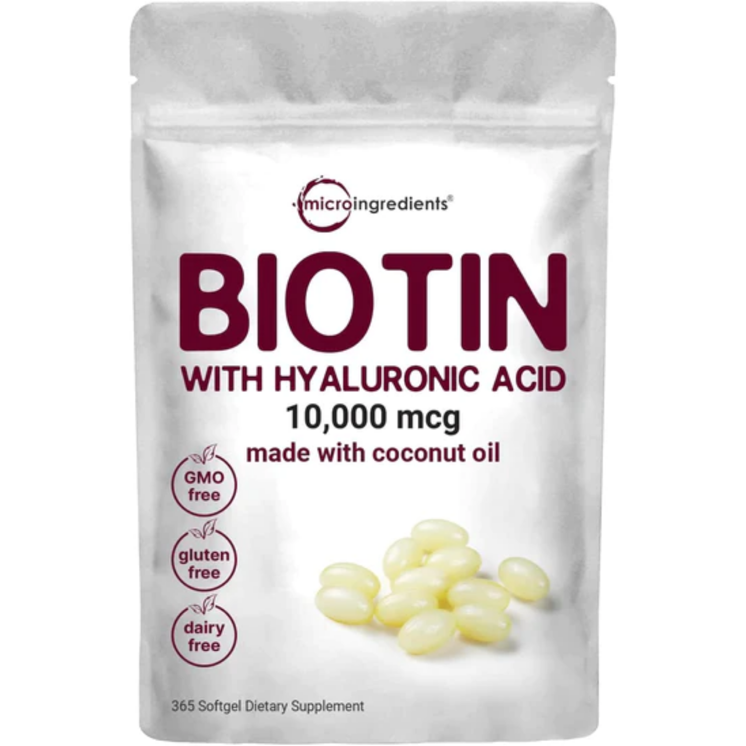 BIOTINA  10000 MCG CON  ACIDO HIALURONICO  25 MG MICROINGREDIENTS 365 CAPSULAS BLANDAS SIN GMO