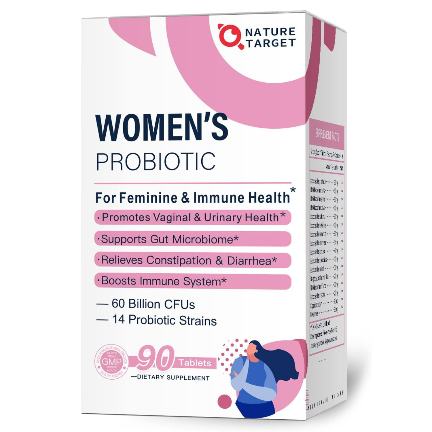 PROBIOTICOS CON COMPLEJO URINARIO PARA MUJER  14 CEPAS 60 BILLION CFU 90 TABLETAS NATURE TARGET