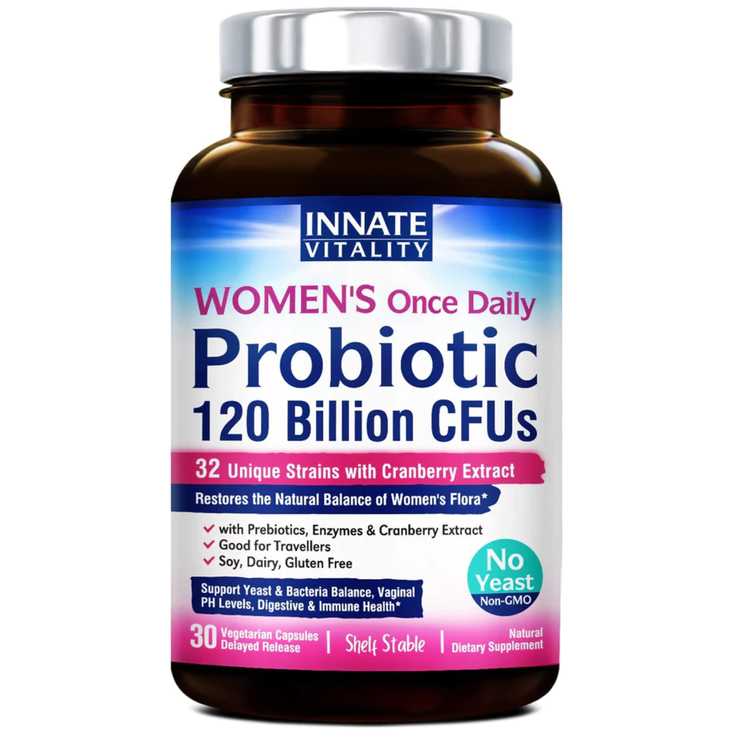 PROBIOTICOS CON ENZIMAS Y CRANBERRY PARA MUJERES  32 CEPAS 120 BILLONES CFU 30 CAPSULAS INNATE VITALITY