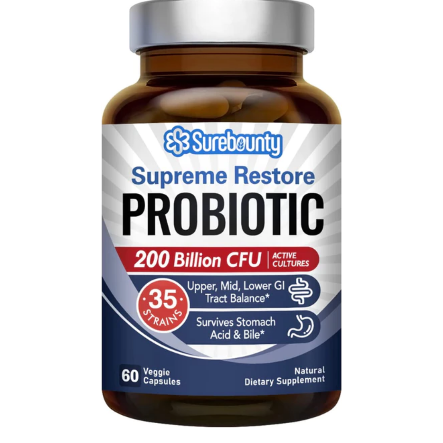 PROBIOTICOS CON ENZIMAS  35 CEPAS 200 BILLONES CFU 60 CAPSULAS SUREBOUNTY