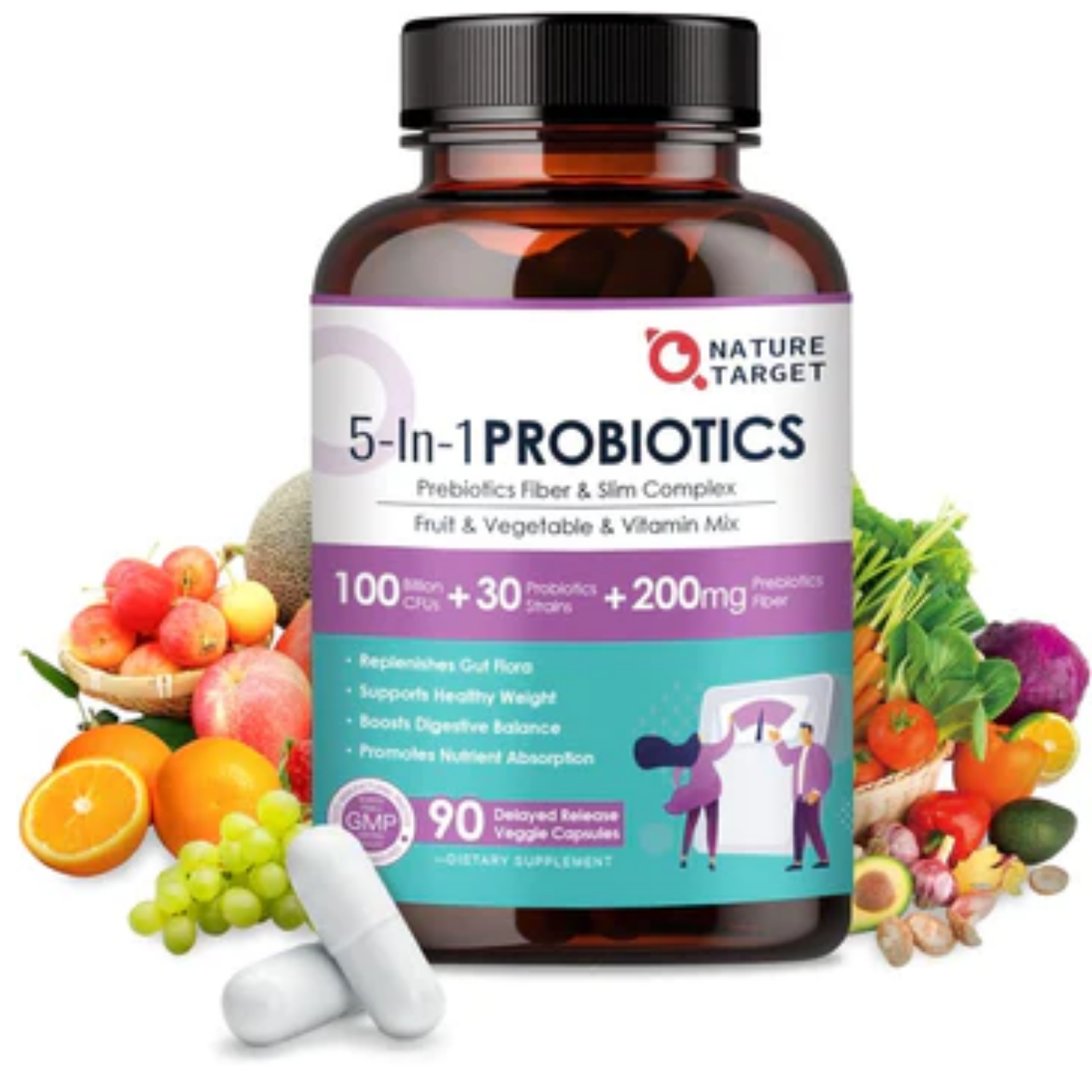 PROBIOTICOS 5 EN 1  30 CEPAS 100 BILLONES CFU 90 CAPSULAS VEGETALES SIN GMO VEGANO NATURE TARGET