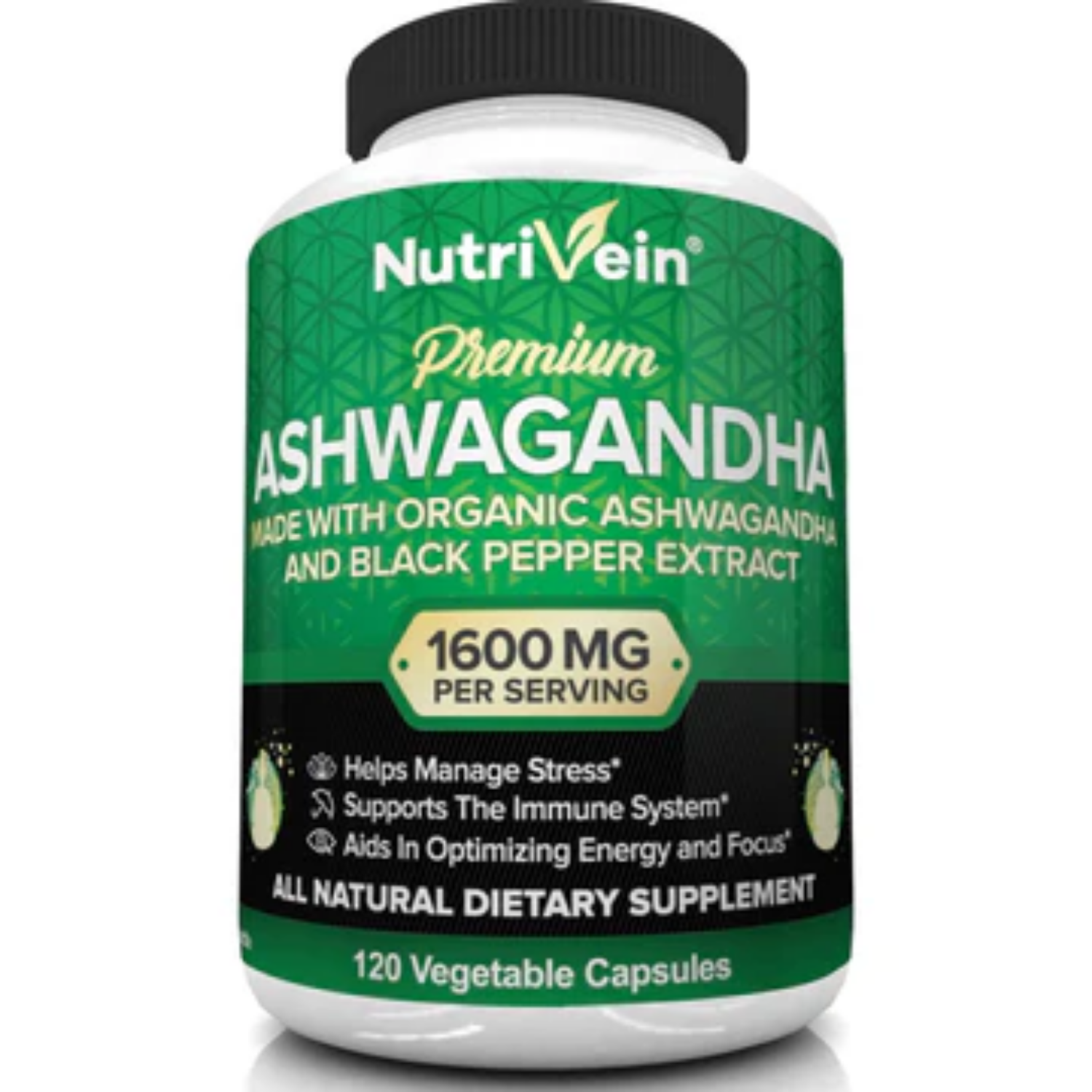 ASHWAGANDHA 1,600 MG + EXTRACTO DE PIMIENTA NEGRA ORGÁNICA 10 MG 120 CAPSULAS VEGANO NUTRIVEIN