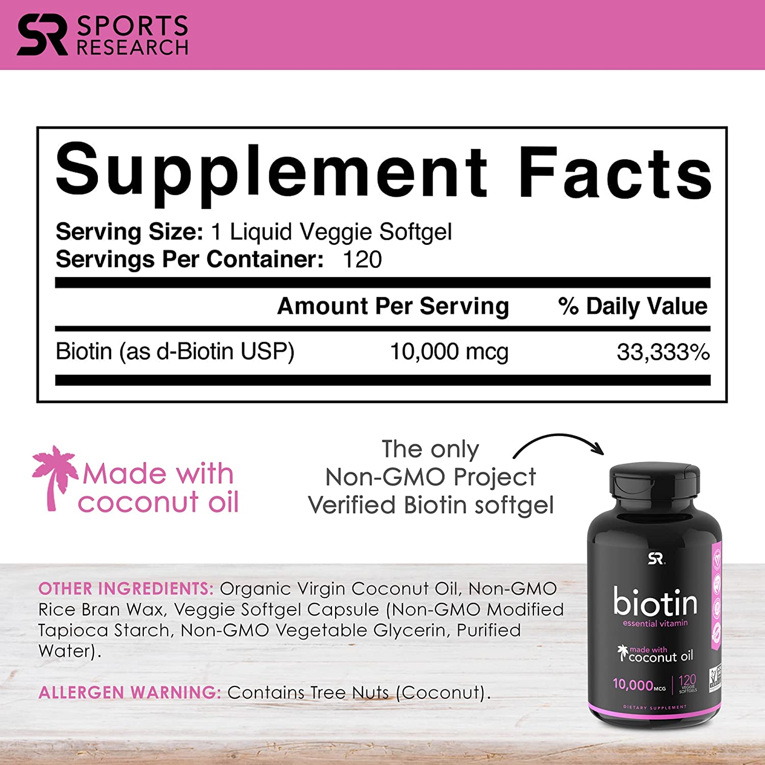 BIOTINA 10,000 MCG 120 CAPSULAS BLANDAS SIN GMO SPORTS RESEARCH