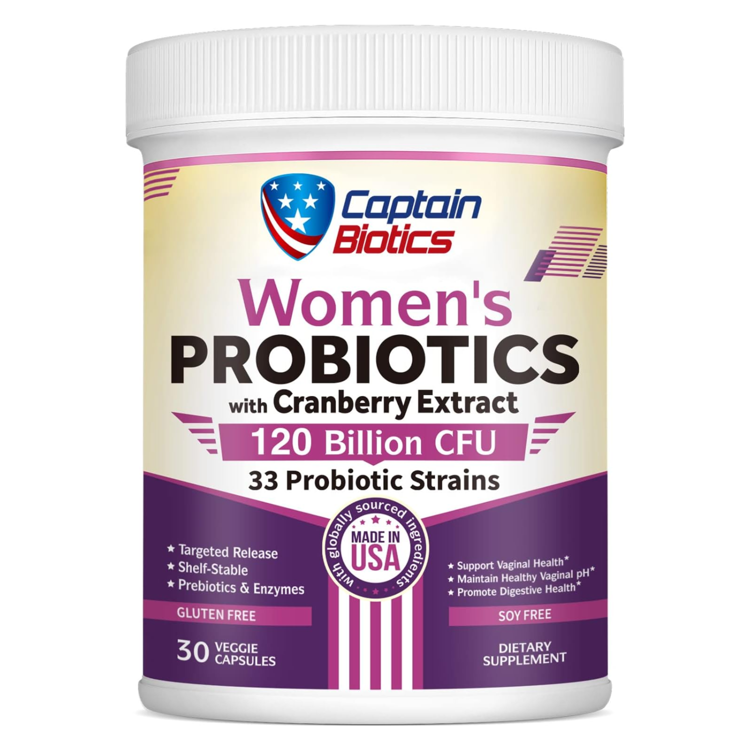 PROBIOTICOS CON CRANBERRY PARA MUJER  33 CEPAS 120 BILLONES CFU 30 CASPULAS CAPTAIN BIOTICS