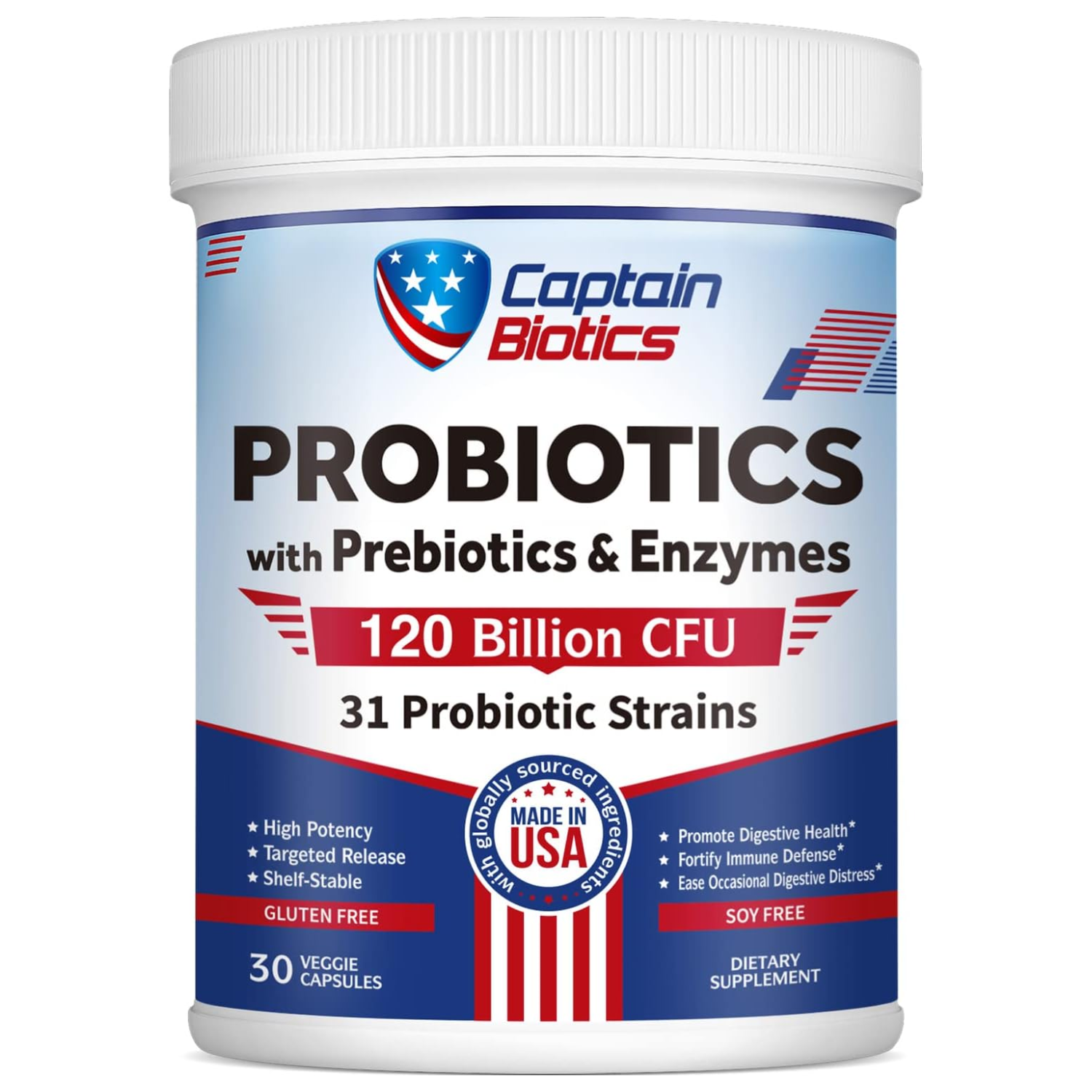 PROBIOTICOS  Y PREBIOTICOS CON ENZIMAS DIGESTIVAS  31 CEPAS 120 BILLONES CFU 30 CASPULAS CAPTAIN BIOTICS