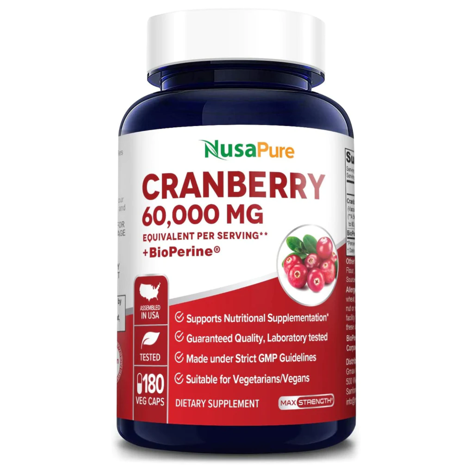 ARANDANO ROJO 60000 MG CON BIOPERINA 5 MG NUSAPURE 180 CAPSULAS VEGANO CRANBERRY