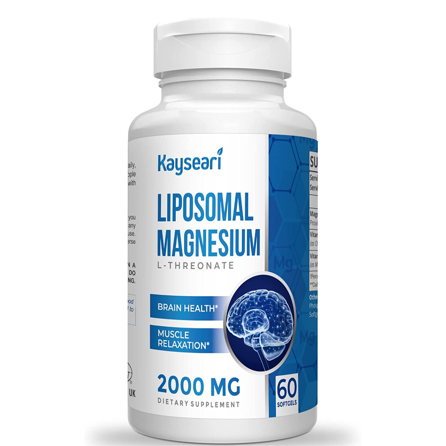 TREONATO DE MAGNESIO 2000 MG LIPOSOMAL CON VITAMINA D3 K2 1000 IU 60 CAPSULAS BLANDAS SIN GMO KAYSEARI