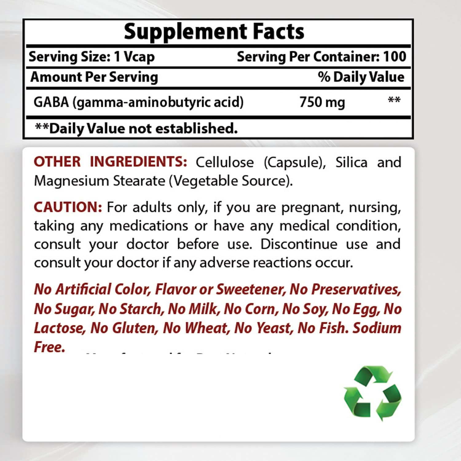 GABA 750 MG 100 CAPSULAS SIN GMO BEST NATURALS