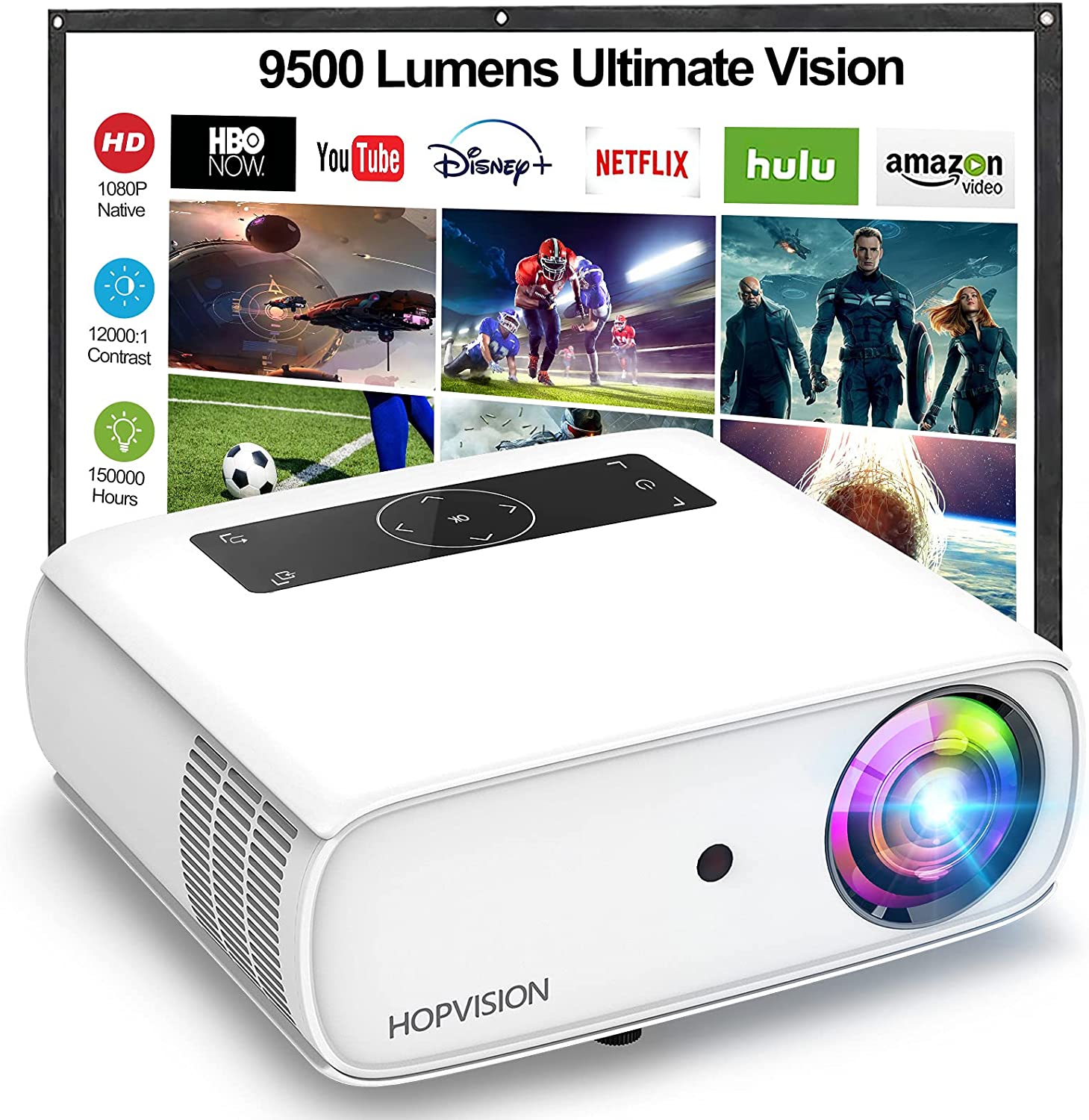 PROYECTOR PORTATIL MULTIMEDIA HOPVISION 9000 LUMENS LED 350 PULGADAS