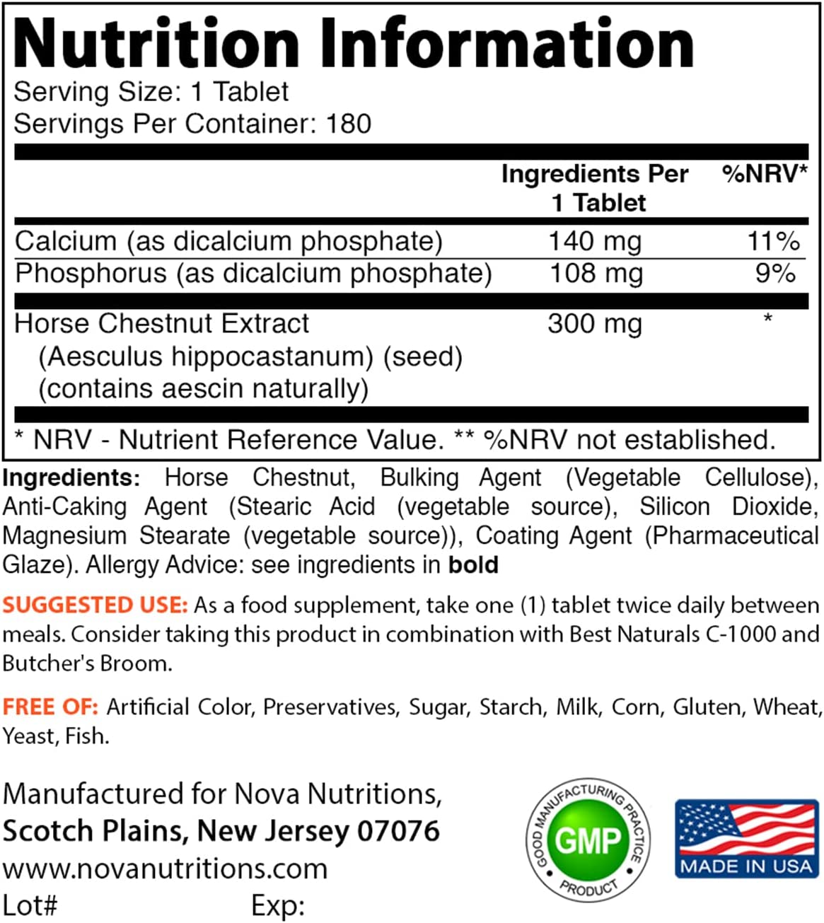 CASTAÑO DE INDIAS 300 MG CON CALCIO 140 MG Y FOSFORO 108 MG 180 TABELTAS SIN GMO NOVA NUTRITIONS HORSE CHESNUT